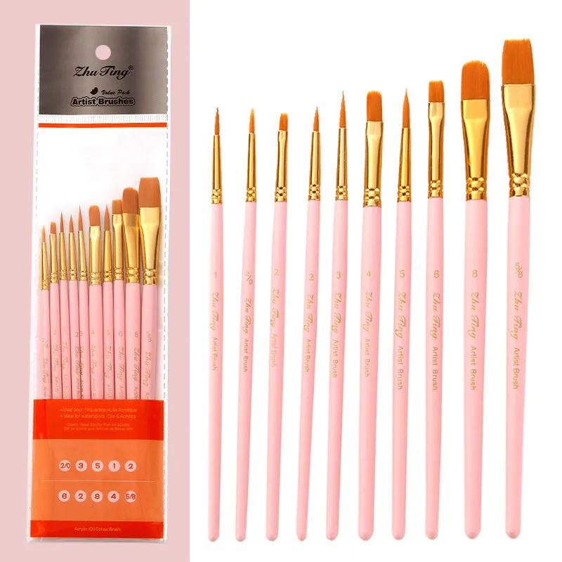 10 PCs Mint Green Nylon Hair Brush Wooden Watercolor Brush Art Supplies