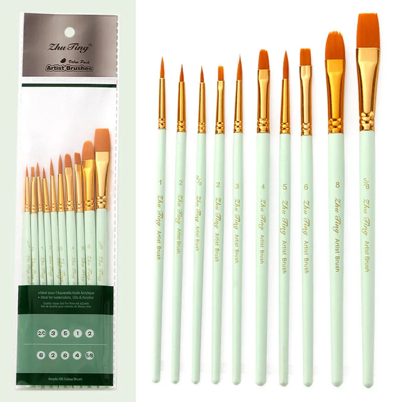 10 PCs Mint Green Nylon Hair Brush Wooden Watercolor Brush Art Supplies