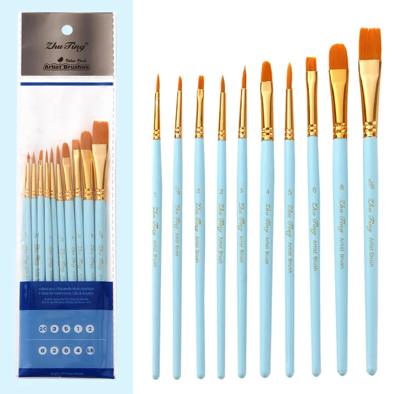 10 PCs Mint Green Nylon Hair Brush Wooden Watercolor Brush Art Supplies