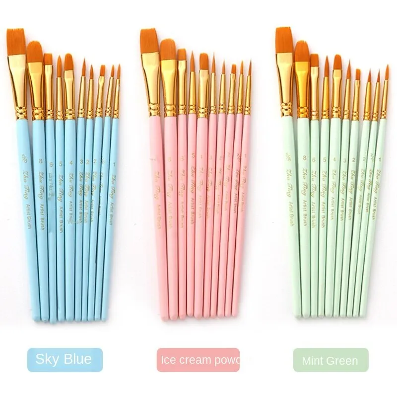 10 PCs Mint Green Nylon Hair Brush Wooden Watercolor Brush Art Supplies