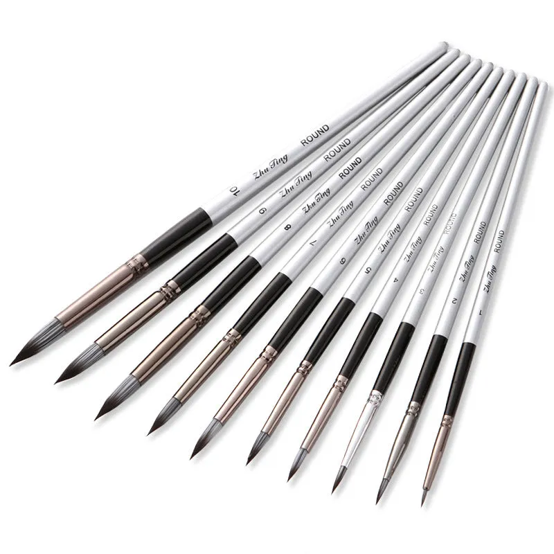 10 PCs Nylon Hair Brush Silver Gray Rod round Front Watercolor