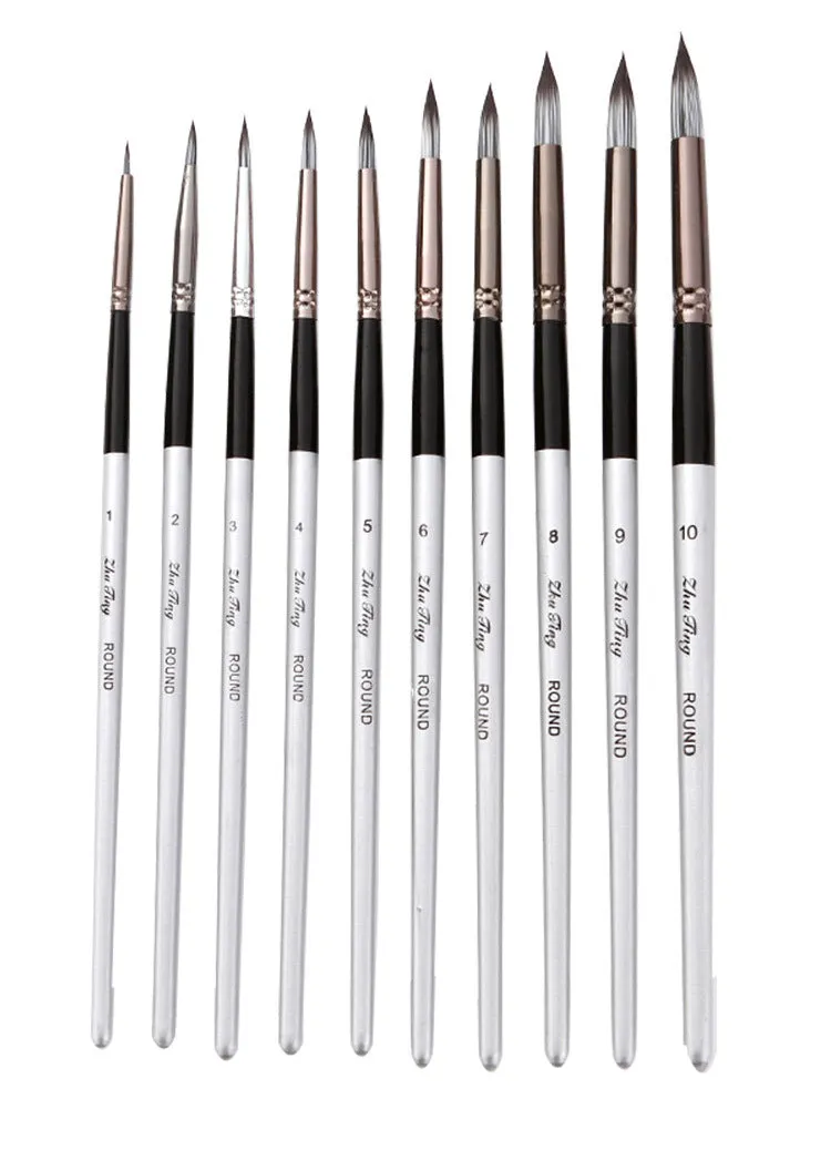 10 PCs Nylon Hair Brush Silver Gray Rod round Front Watercolor