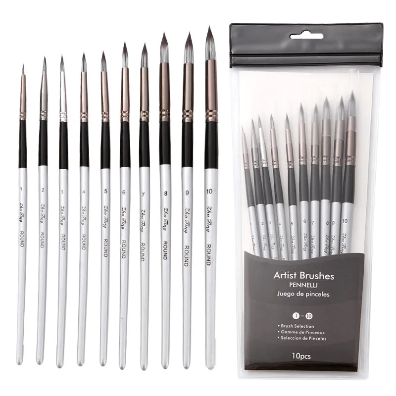 10 PCs Nylon Hair Brush Silver Gray Rod round Front Watercolor
