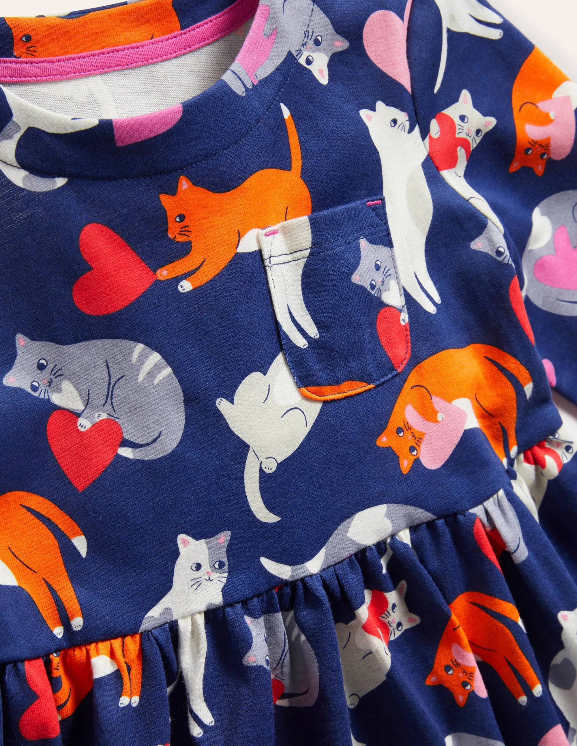 Long Sleeve Fun Jersey Dress-Starboard Blue Love Cats