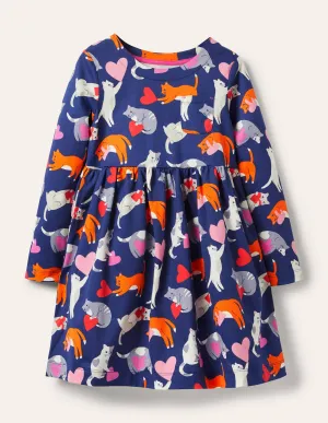 Long Sleeve Fun Jersey Dress-Starboard Blue Love Cats