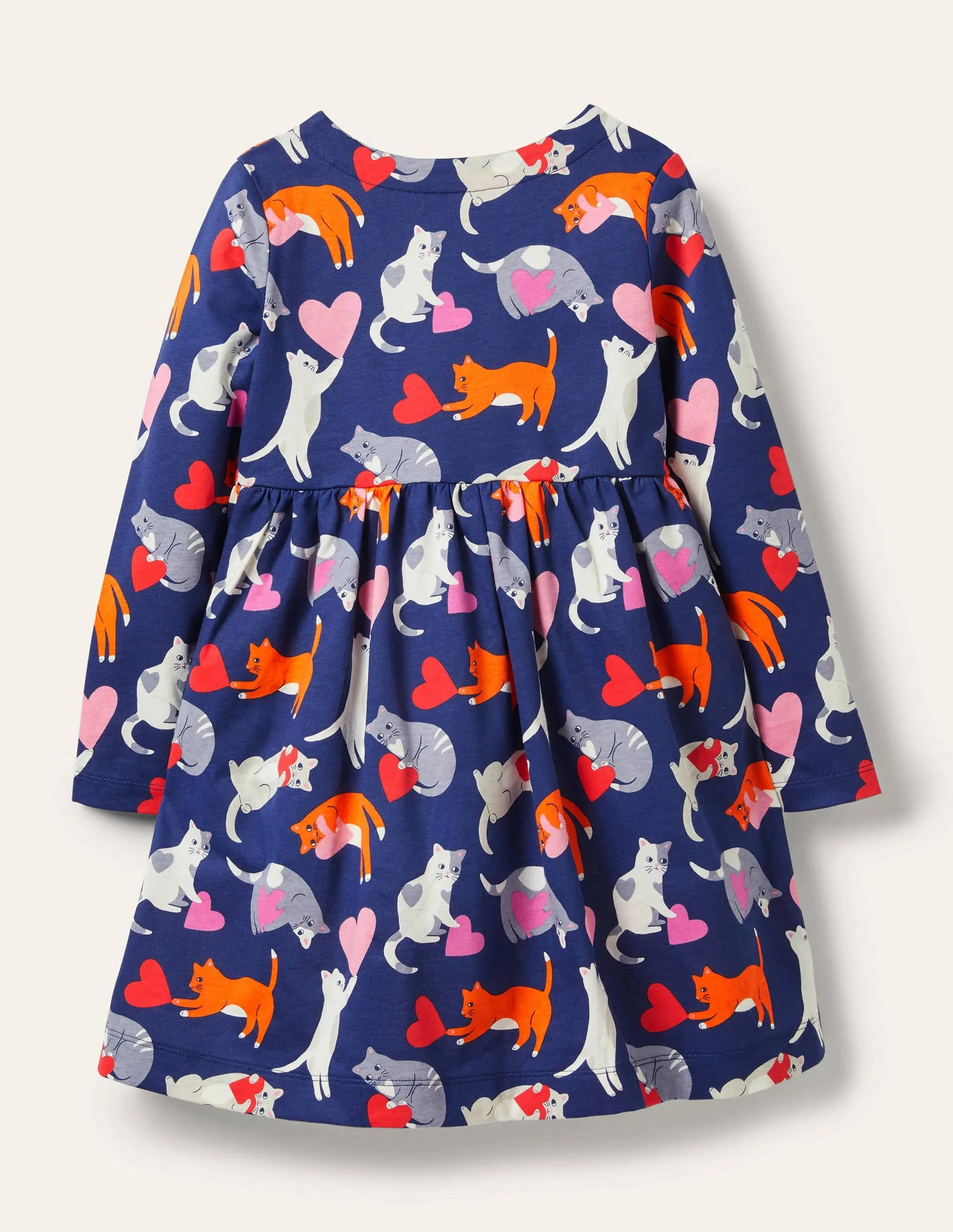 Long Sleeve Fun Jersey Dress-Starboard Blue Love Cats