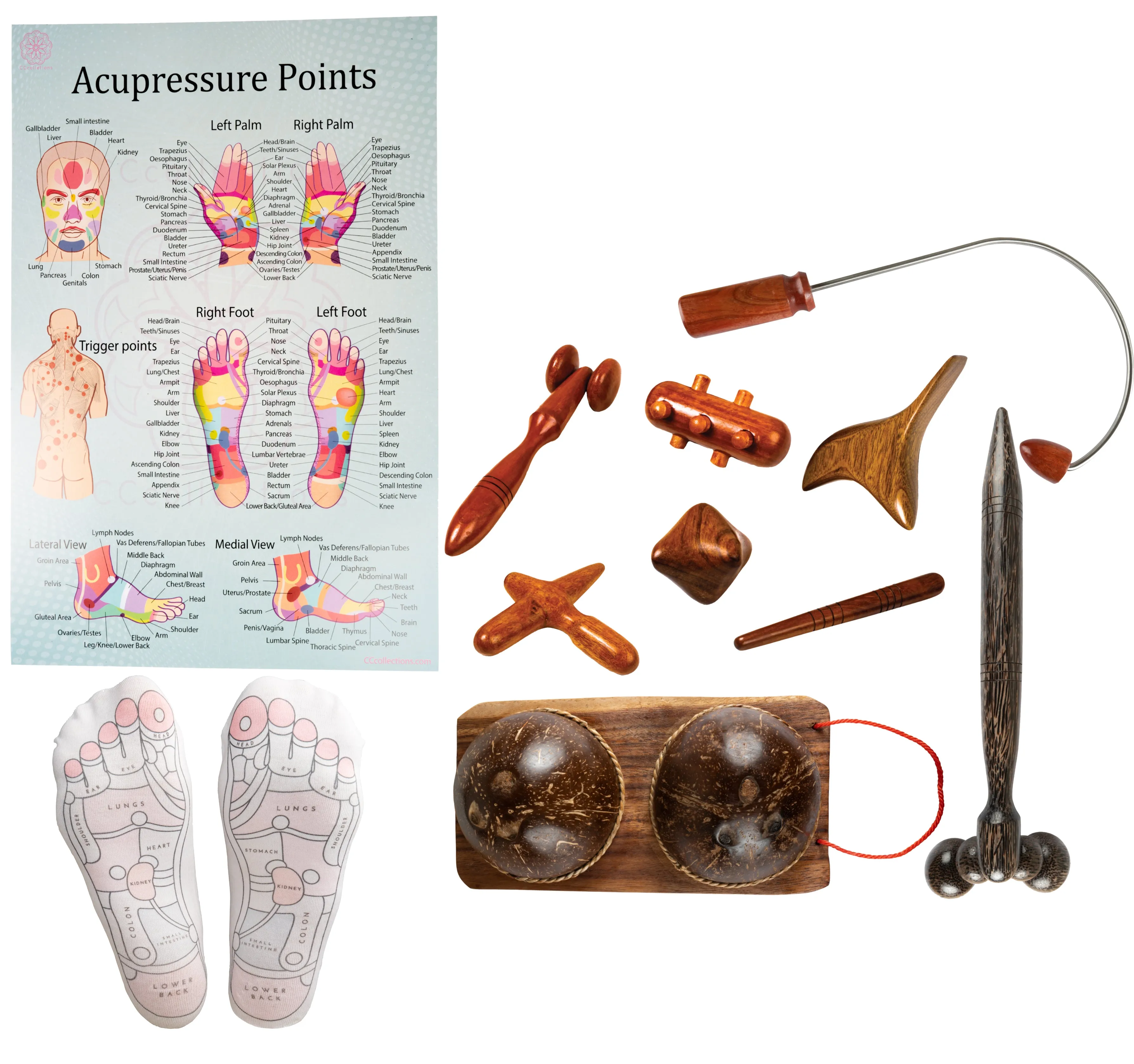 Versatile Wooden Manual Massage Tool Sets for professionals with ENGLISH Reflexology Charts - CCcollections