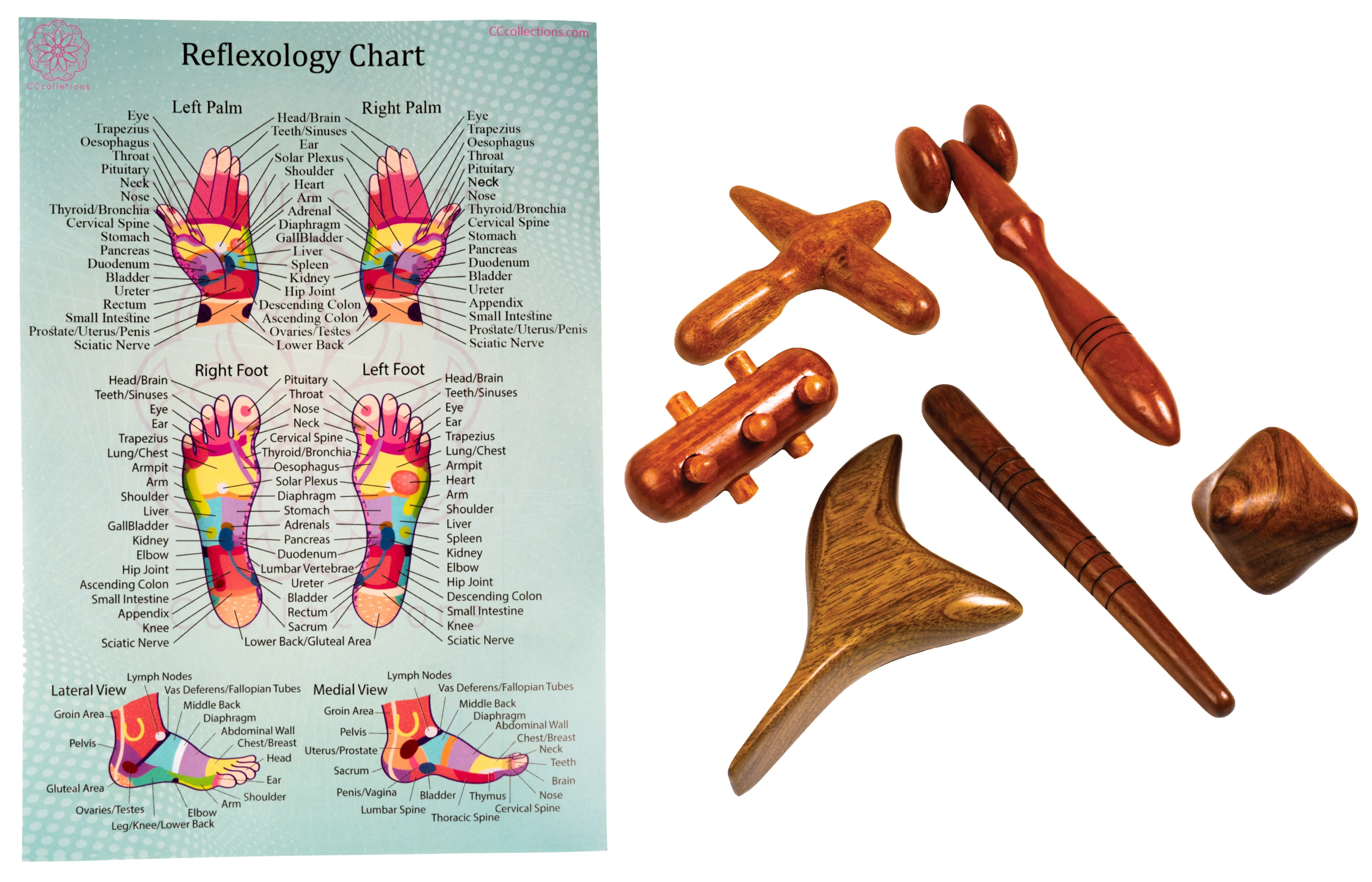 Versatile Wooden Manual Massage Tool Sets for professionals with ENGLISH Reflexology Charts - CCcollections