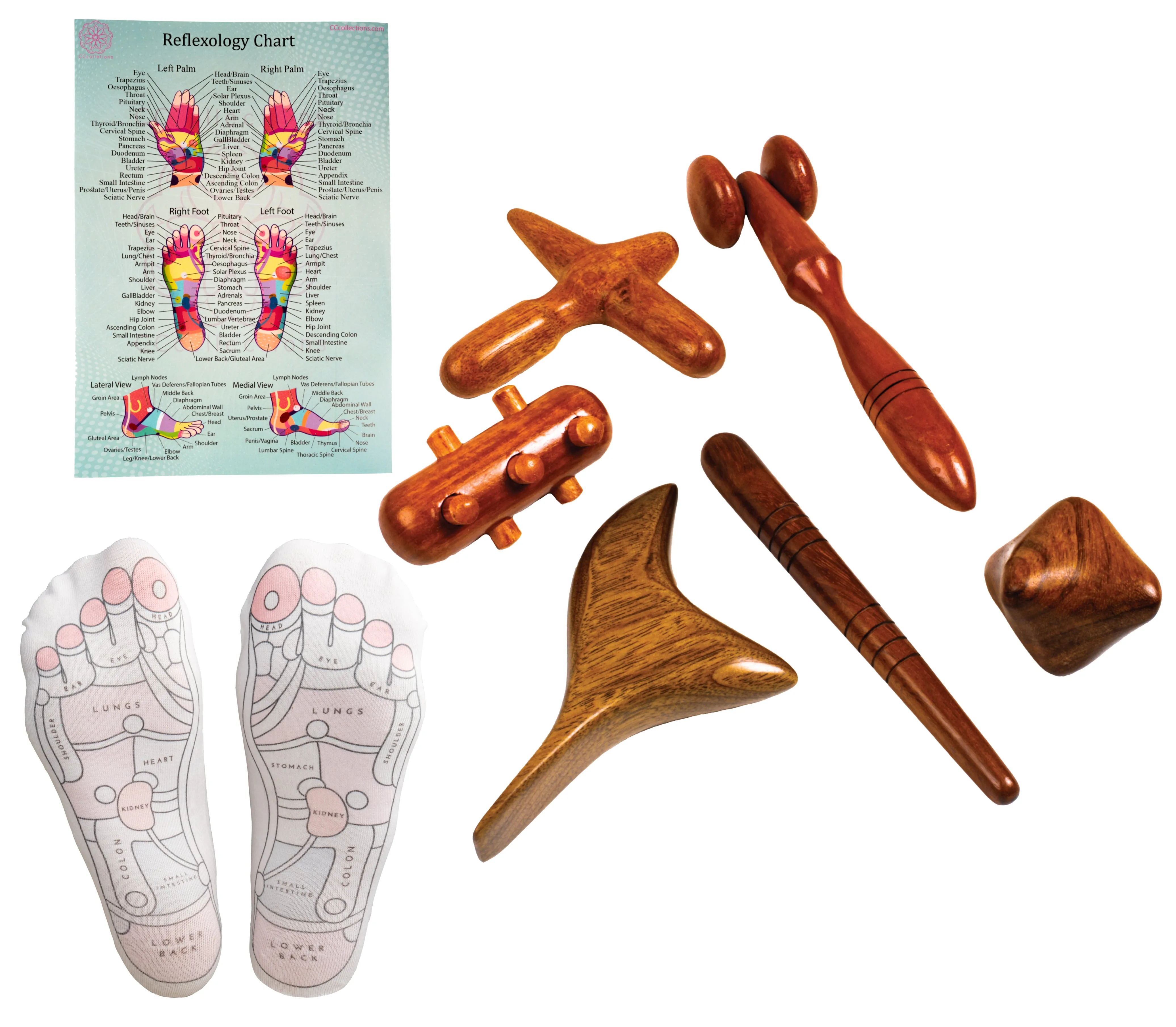 Versatile Wooden Manual Massage Tool Sets for professionals with ENGLISH Reflexology Charts - CCcollections